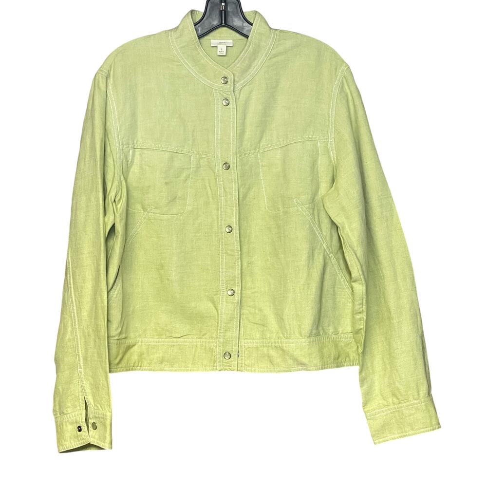 J.jill jacket green lightweight linen blend long sleeve  snaps pockets size L